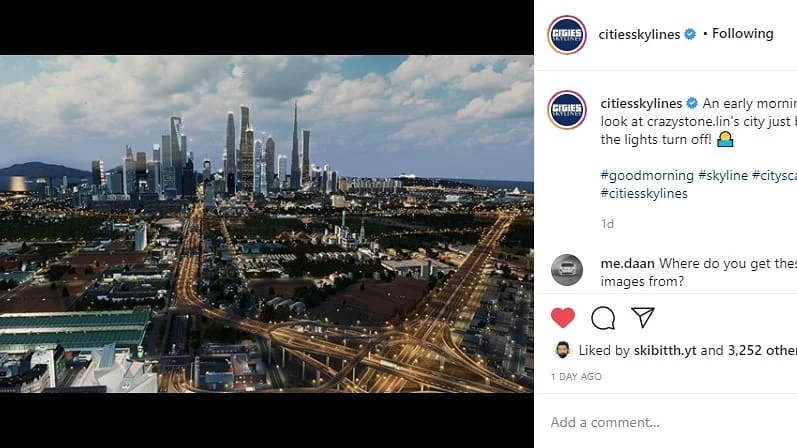 Screenshot of the official Cities: Skylines Instagram post featuring the city above: an early morning look at my city just before the lights turn off, liked by 3,253 people.