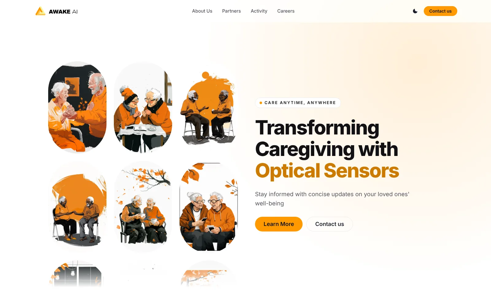 AwakeAI home page: 'Transforming Caregiving with Optical Sensors', with illustrations of seniors.