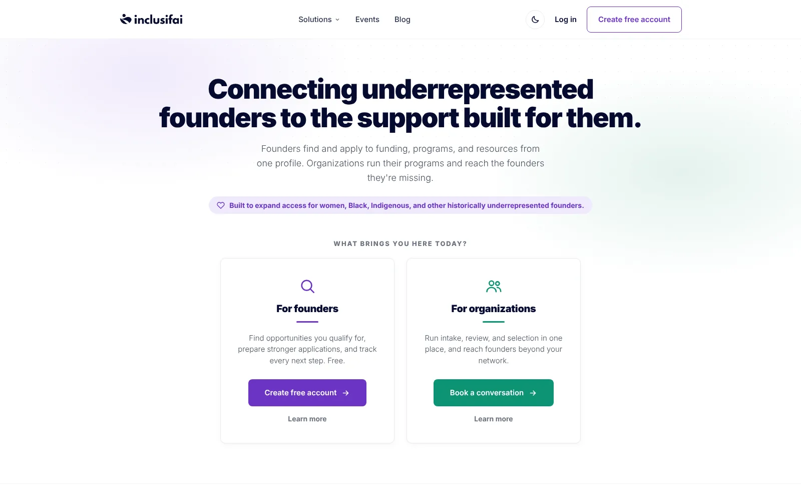 InclusifAI home page: 'Connecting underrepresented founders to the support built for them.' Two doors below, For founders and For organizations.