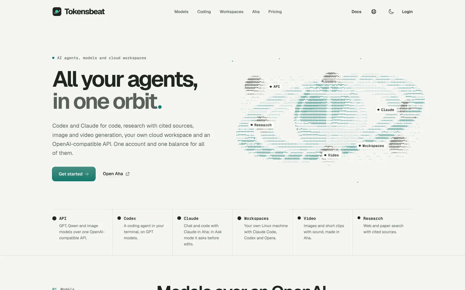 Tokensbeat home page: 'All your agents, in one orbit.' beside an ASCII-art orbit labelled API, Claude, Research, Workspaces and Video.