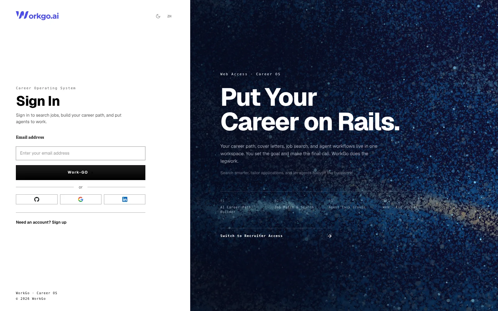 WorkGo app sign-in screen with the headline 'Put Your Career on Rails.'